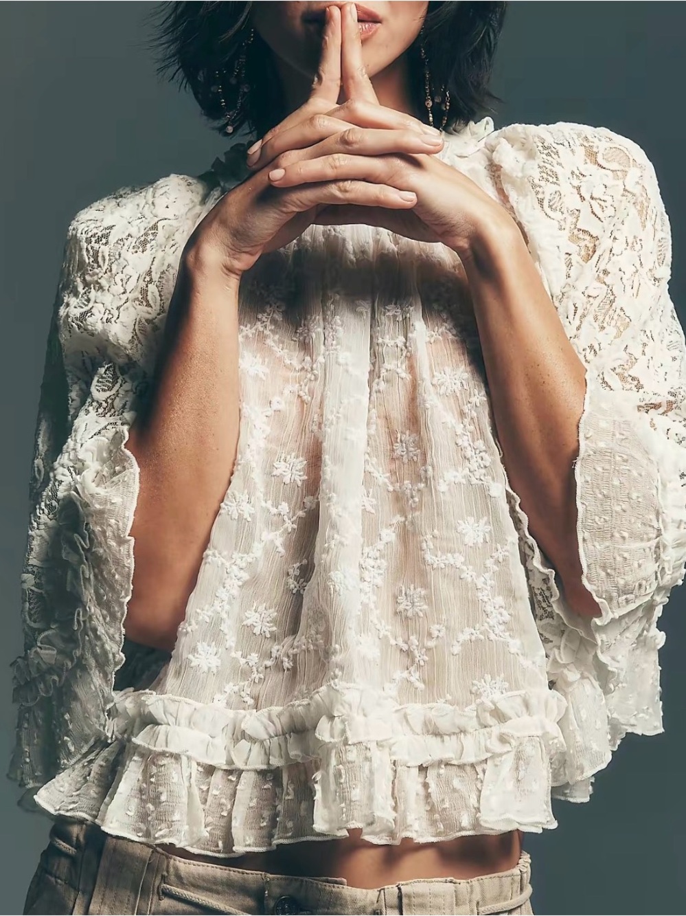 Lace & Ruffle Women’s Sheer Ivory Blouse